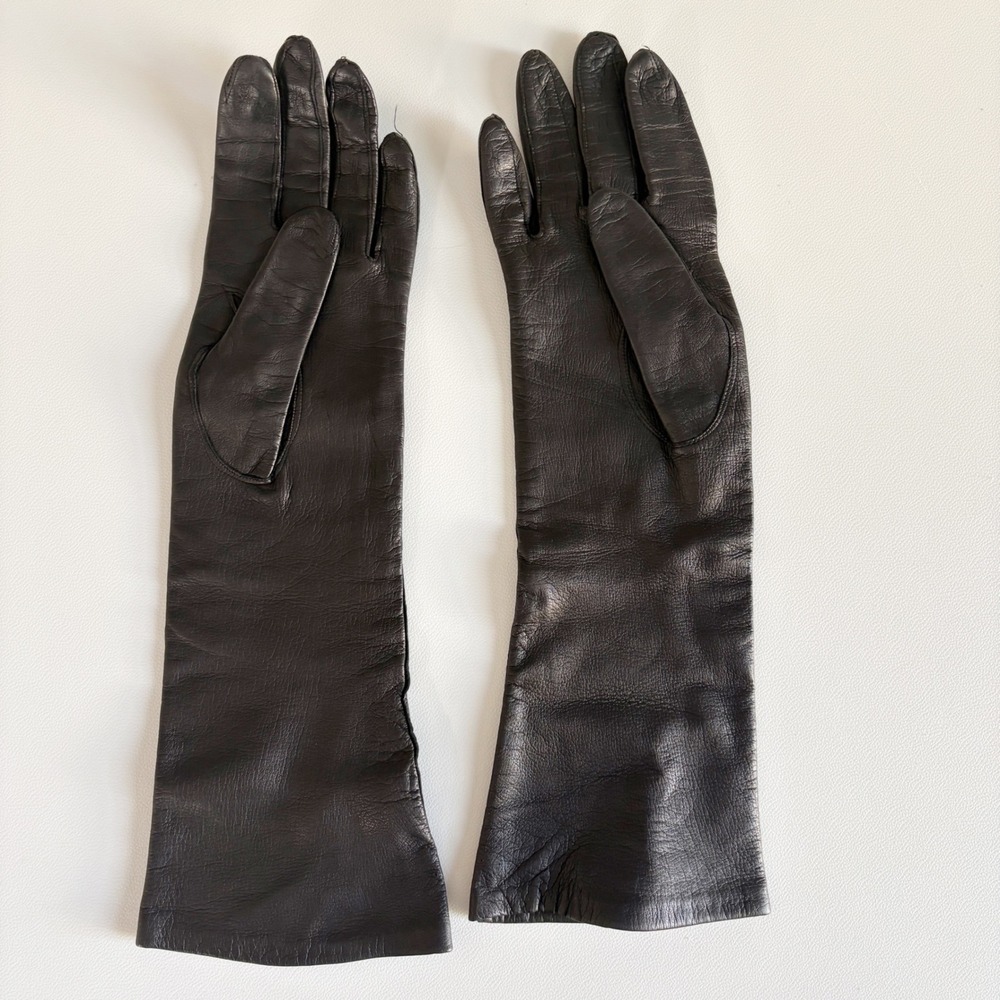 Triomphe Womens Vintage Black Fine Kidskin Silk Lined Leather Gloves Size 6.5